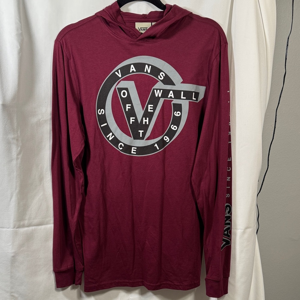 Vans Men's Hooded Long Sleeve Tee in Burgundy with Front Logo